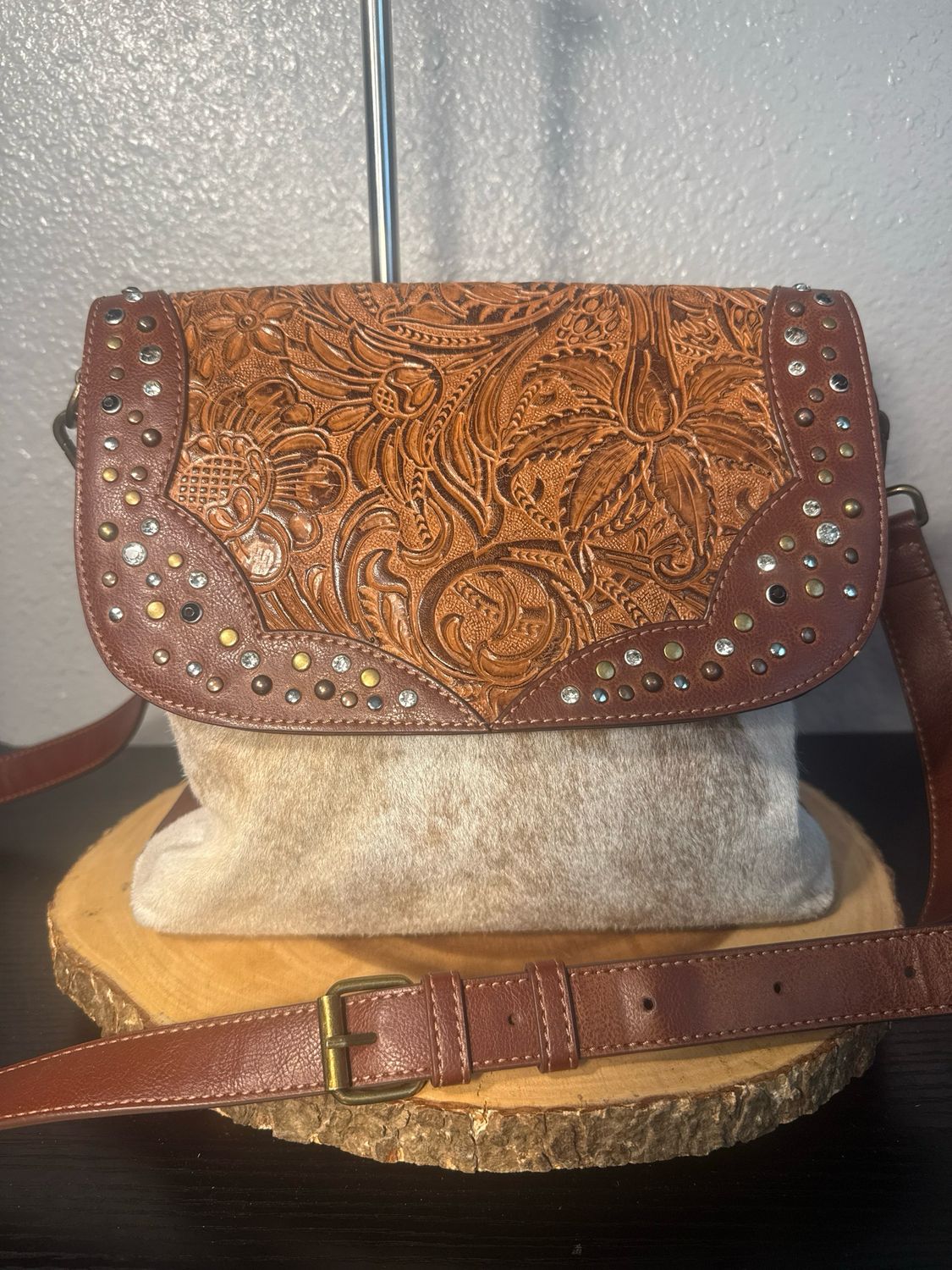 Shyanne Embossed, Leather And Cowhide Studded With Rhinestones Crossbody