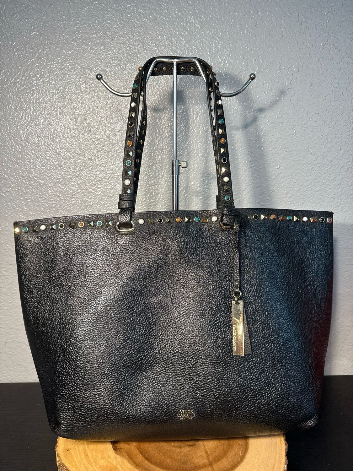 Vince Camuto, Black Pebbled, Leather Jewel, Studded Tote Bag Like New