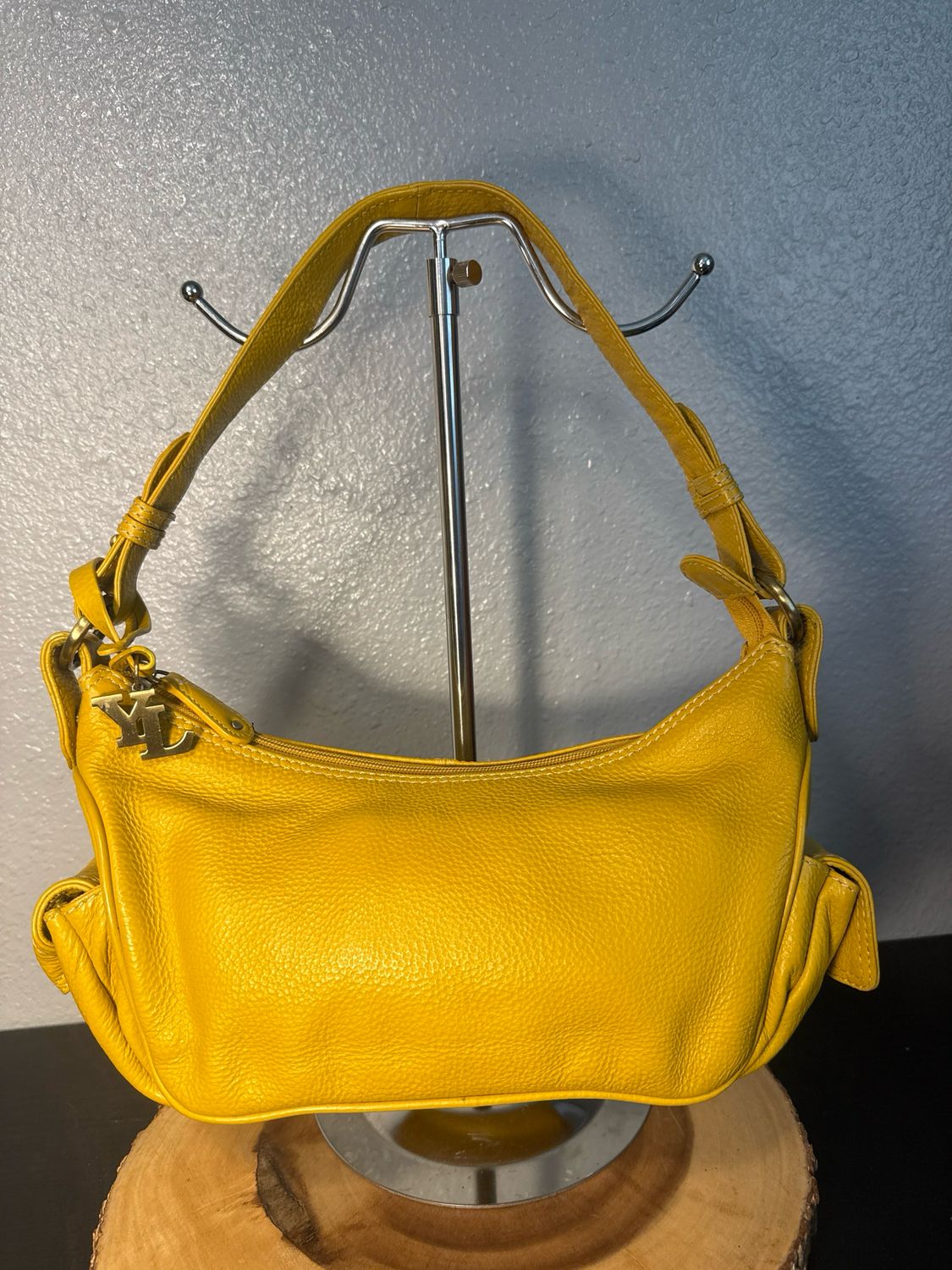 YL New York, London, Mustard Pebbled Leather Y2K Twist Lock Shoulder Bag