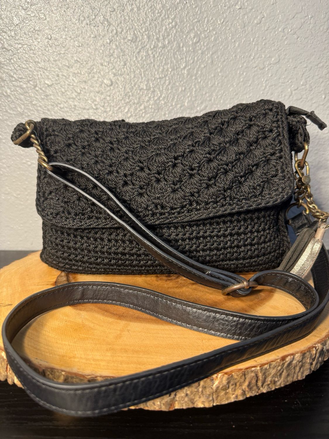 The Sack Black Crochet With Leather Trim, Crossbody Bag