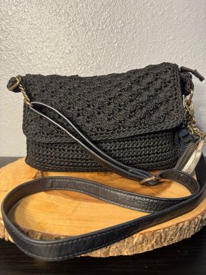 The Sack Black Crochet With Leather Trim, Crossbody Bag