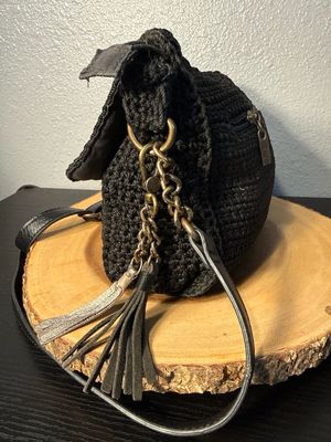 The Sack Black Crochet With Leather Trim, Crossbody Bag