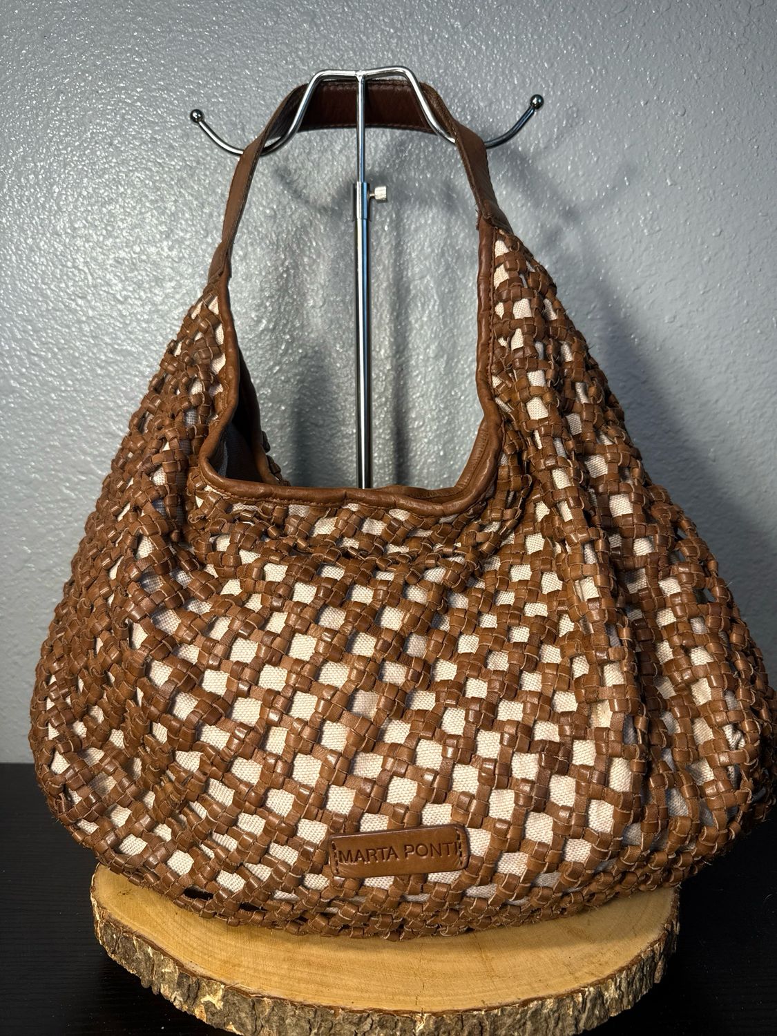 Marta Ponti Portugal Woven Brown Leather Hobo Bag With Linen Interior Like New
