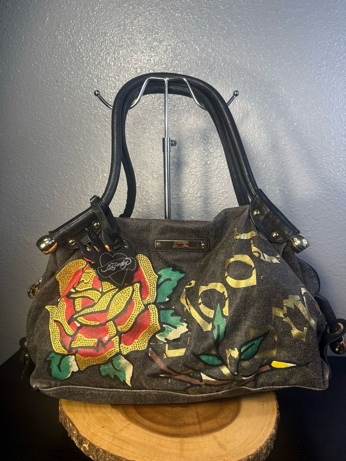 Ed Hardy Original Vintage Black Denim And Leather And Crystals Shoulder Bag Like New