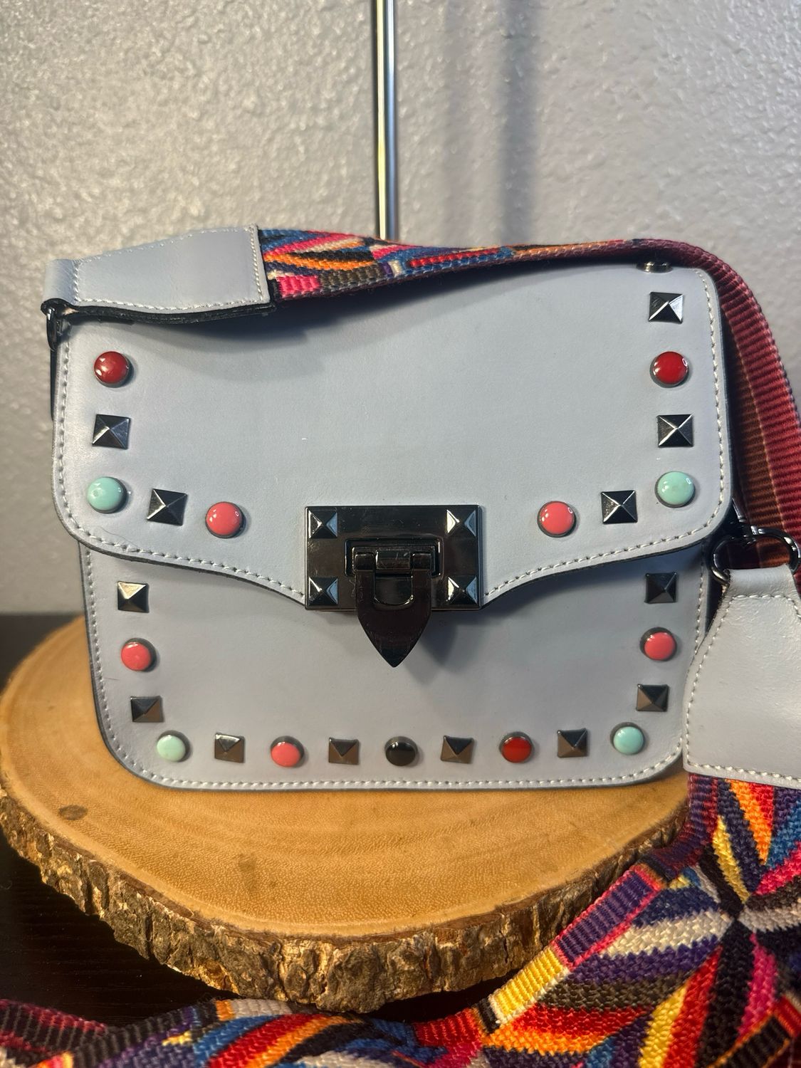 Monforte Italy Grayish, Blue Studded, Leather Crossbody Bag New Without Tags