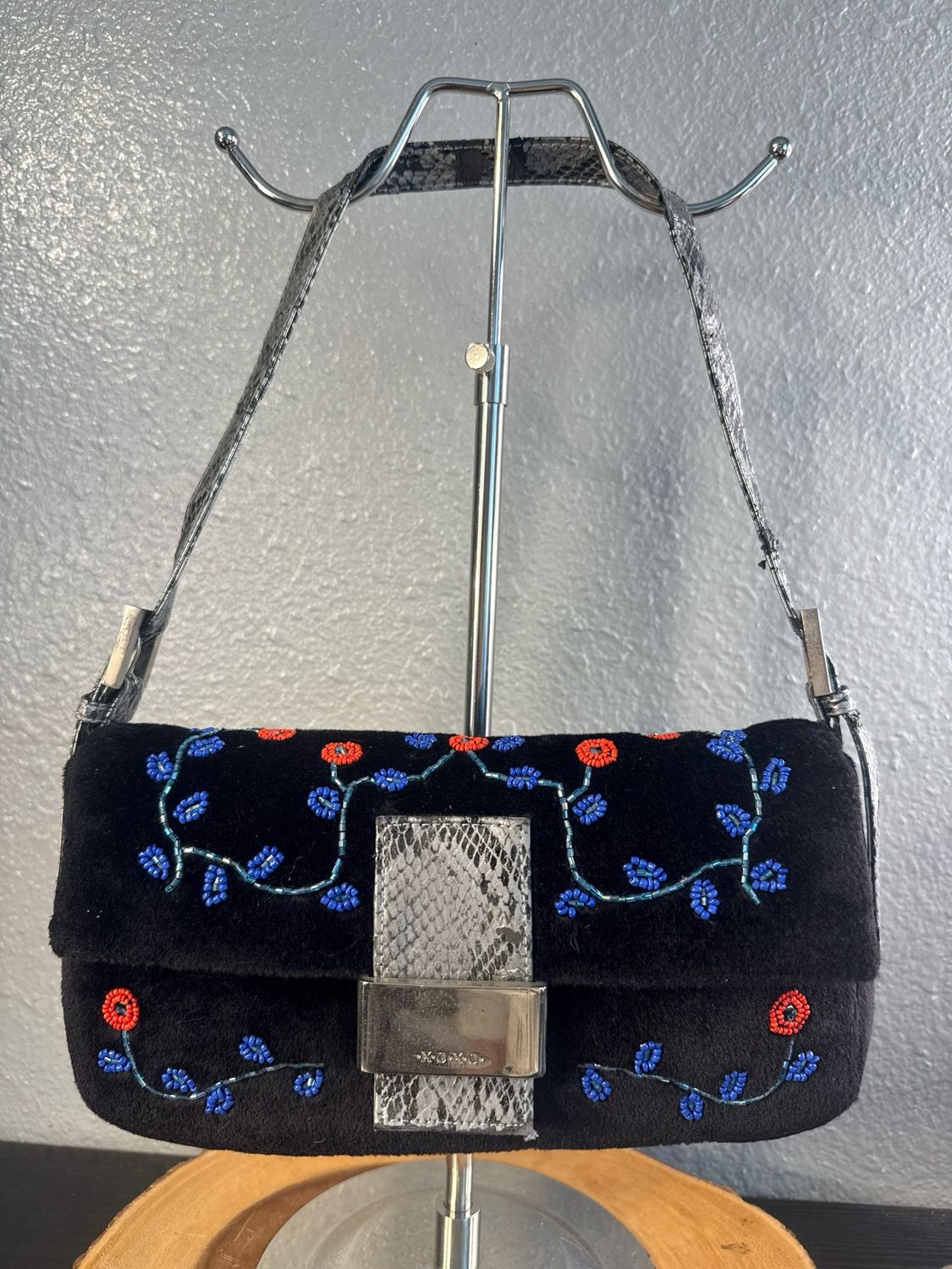 Fendi Inspired Xoxo Black Velour Beaded Y2K Shoulder Bag