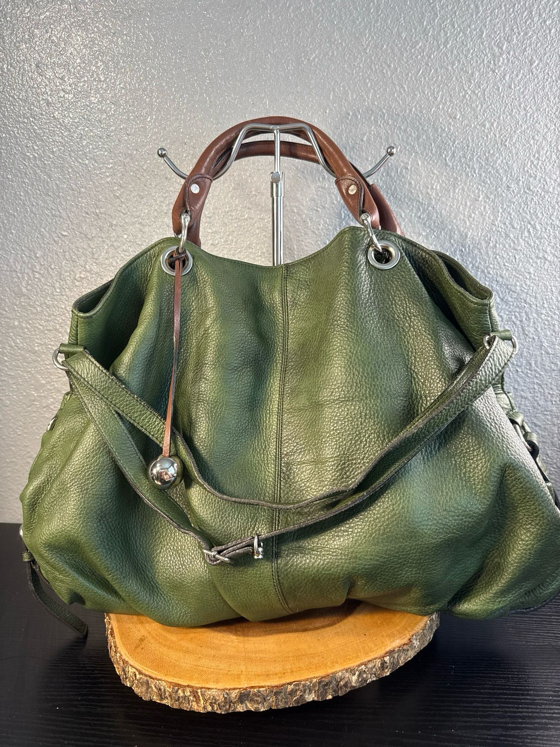 ILSACCO Milano Emerald Green And Chocolate, Brown, Leather, Large Slouchy, Shoulder Bag Handbag