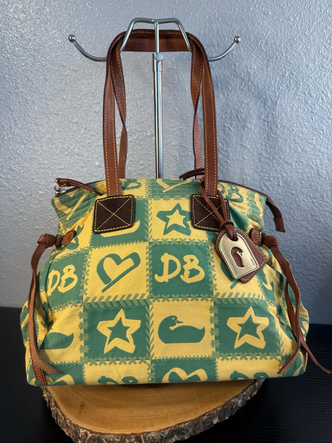 Dooney, &amp; Bourke, Yellow And Green Canvas With Brown Leather Trim Shoulder Bag Like New
