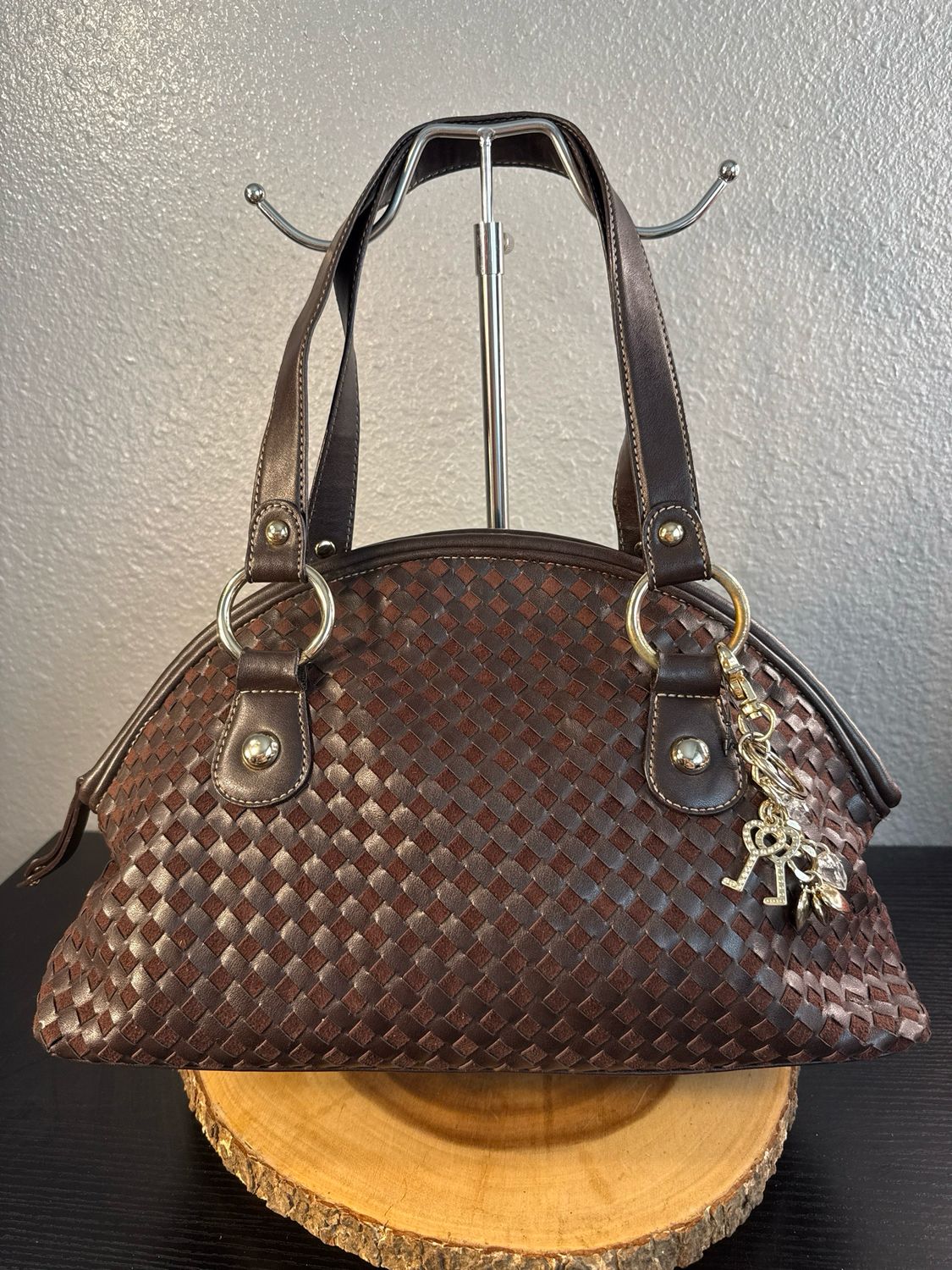 Mercer And Madison Brown Woven Vegan Leather And Suede East West Shoulder Bag With Charms Like New