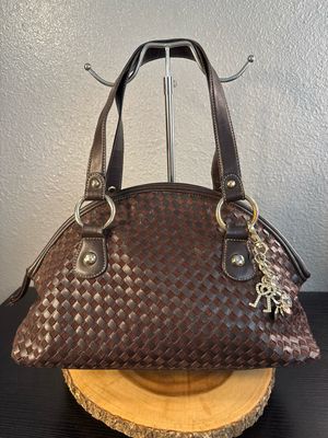 Mercer And Madison Brown Woven Vegan Leather And Suede East West Shoulder Bag With Charms Like New