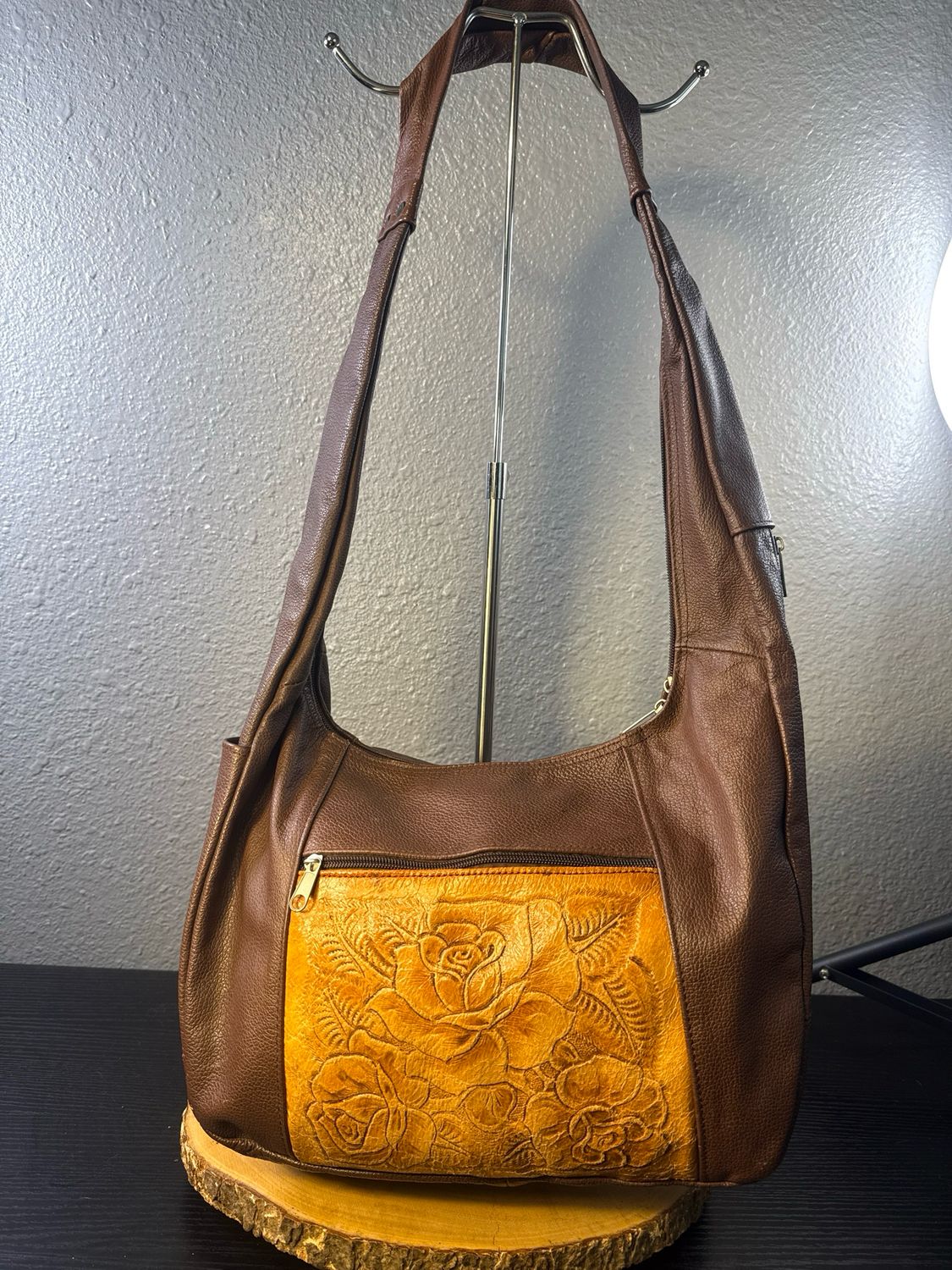 Unbranded Brown Leather With Embossed Roses, Vintage Crossbody Hobo