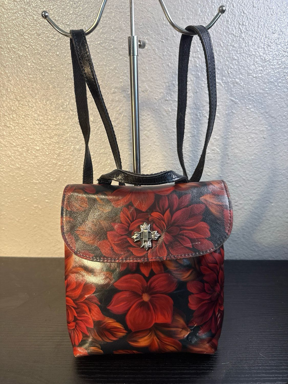Patricia Nash Floral Leather Convertible, Backpack Crossbody Bag In Burgundy And Black With Gun Metal Hardware