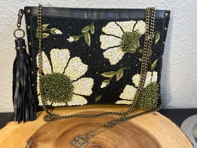 Mary Francis Black And Olive And Ivory Leather Beaded Crossbody Bag New With Tags