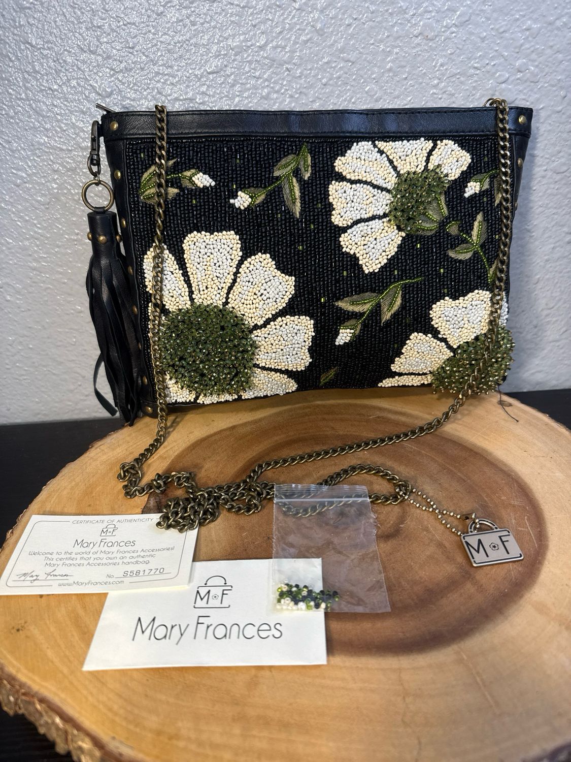 Mary Francis Black And Olive And Ivory Leather Beaded Crossbody Bag New With Tags