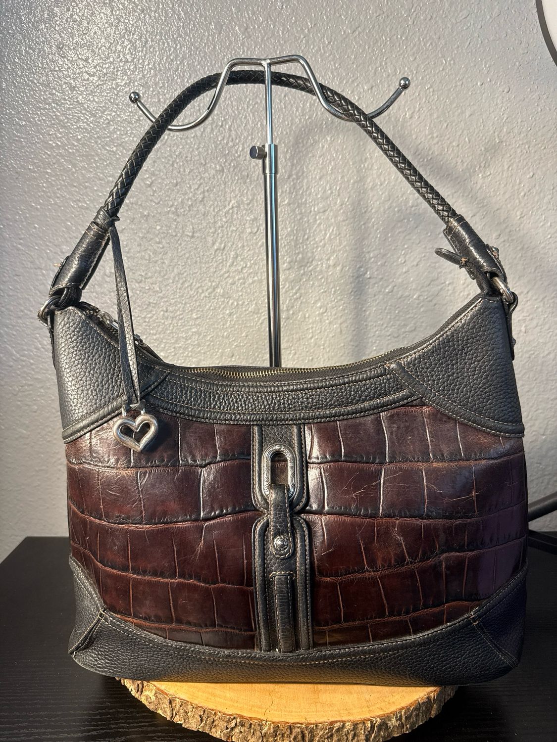 Brighton Vintage Brown Leather, Croco, Embossed And Pebbled Black Leather Hobo Bag