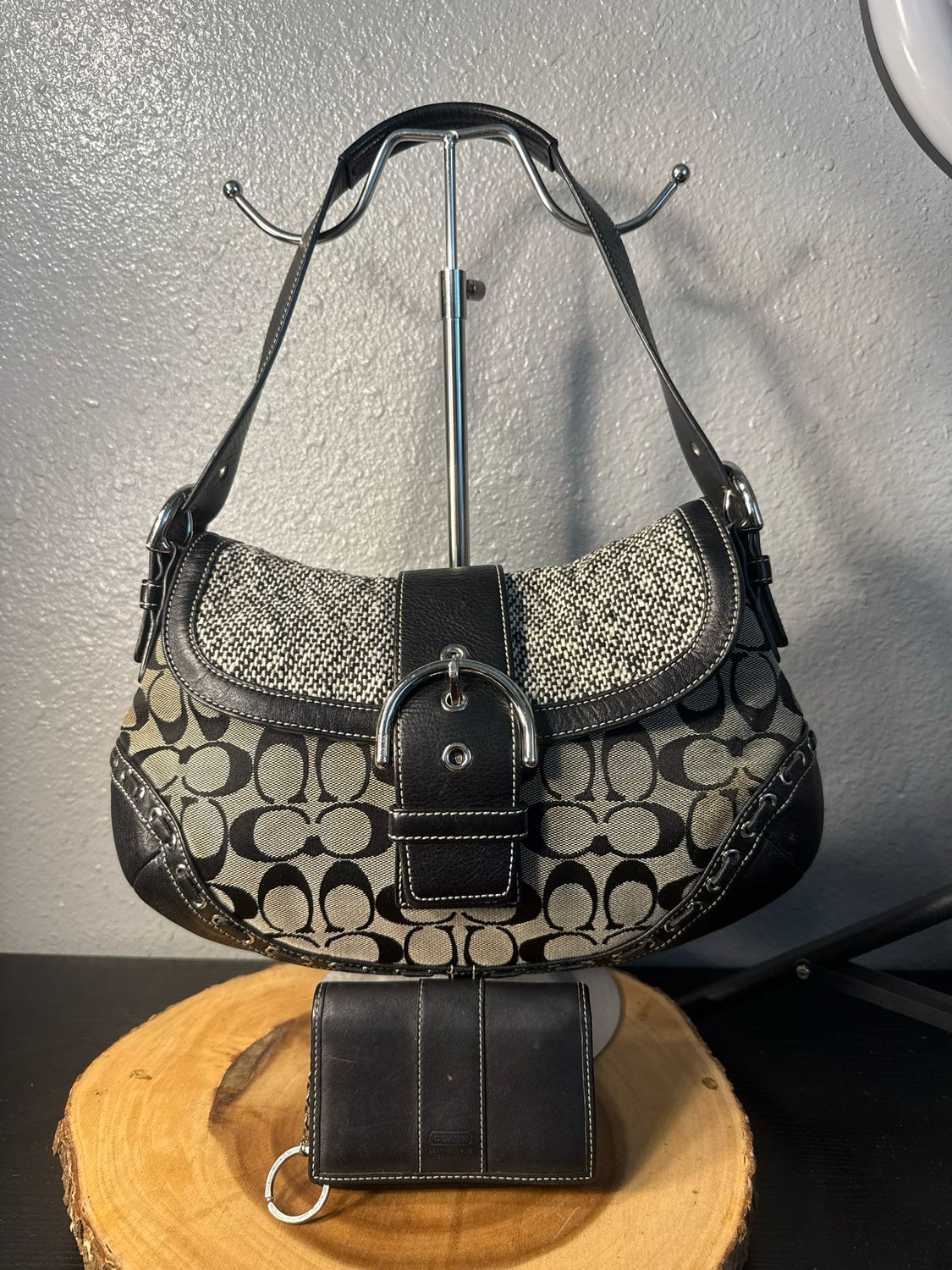 Coach Vintage Black Signature JACQUARD With Black Leather Trim And Tweed Shoulder Bag With Free Matching Vintage Coach Wallet