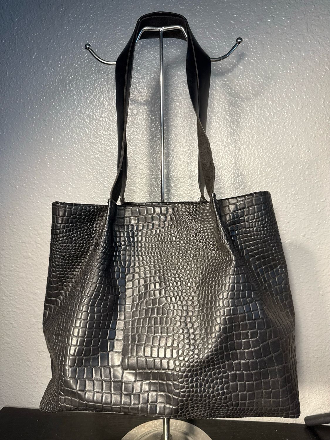 Charlotta Black Croc Embossed Leather Tote