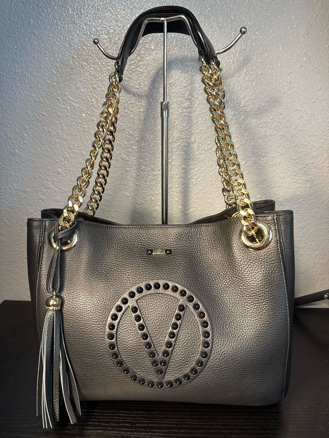 Mario Valentino, Black Leather V Studded Tote Bag Like New