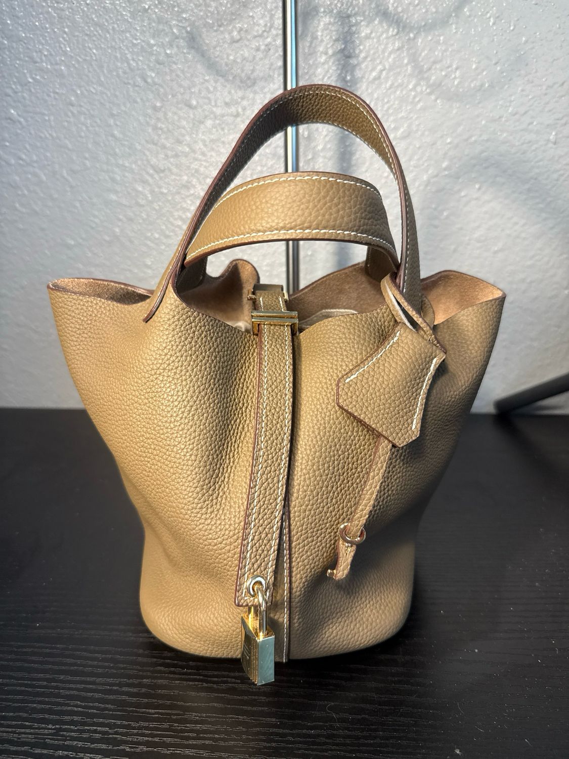 Hermes-esque Picotin Taupe Leather Handbag With Insert NWOT