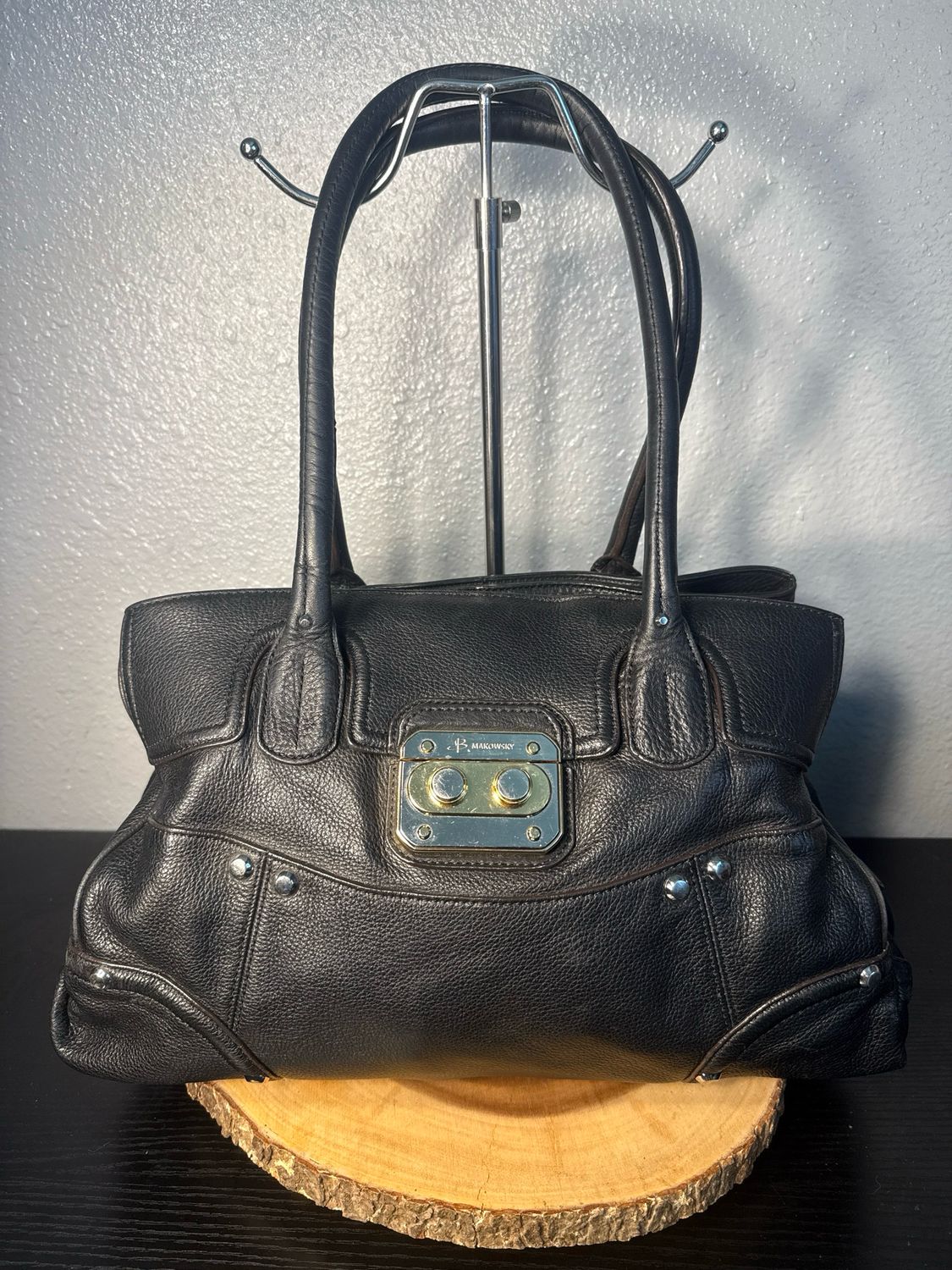 B.Makowski Black, East West Leather, Mixed Metal Multi Pocket Shoulder Bag