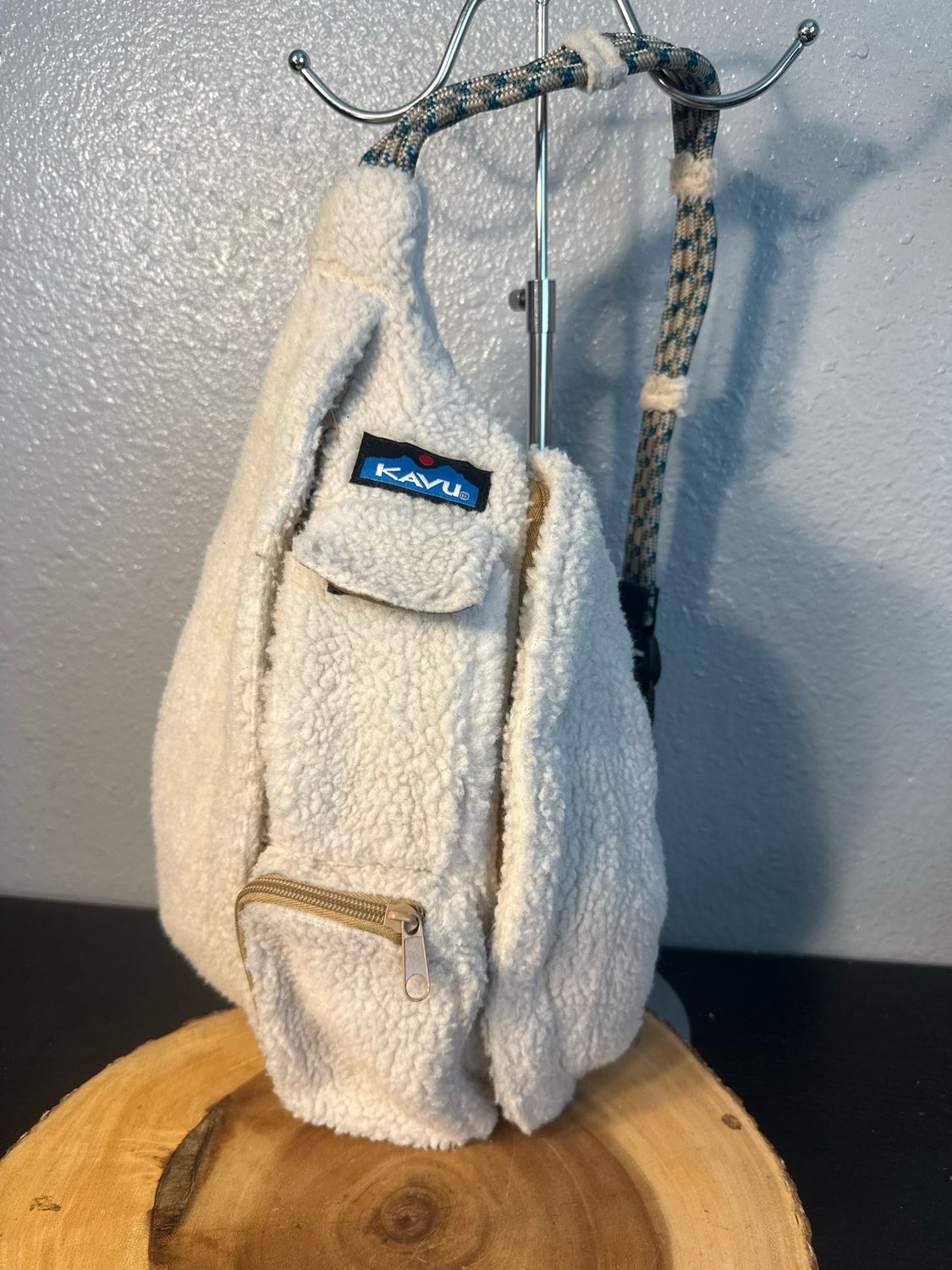 Kavu Faux Ivory Sherpa Fuzzy Sling Crossbody Bag