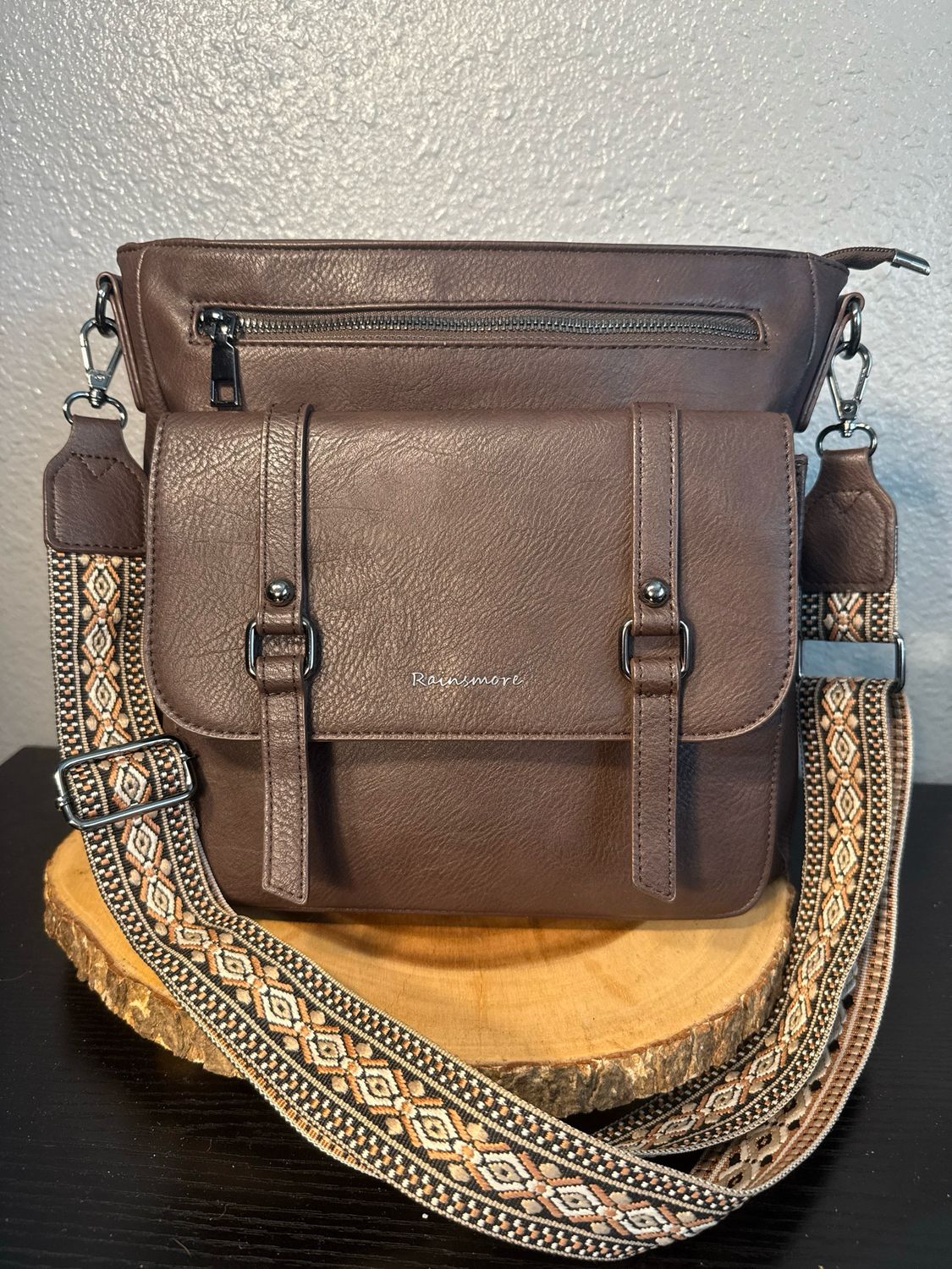 Rainsmore Brown, Vegan Leather Multi Pocket, Crossbody Bag New Without Tags