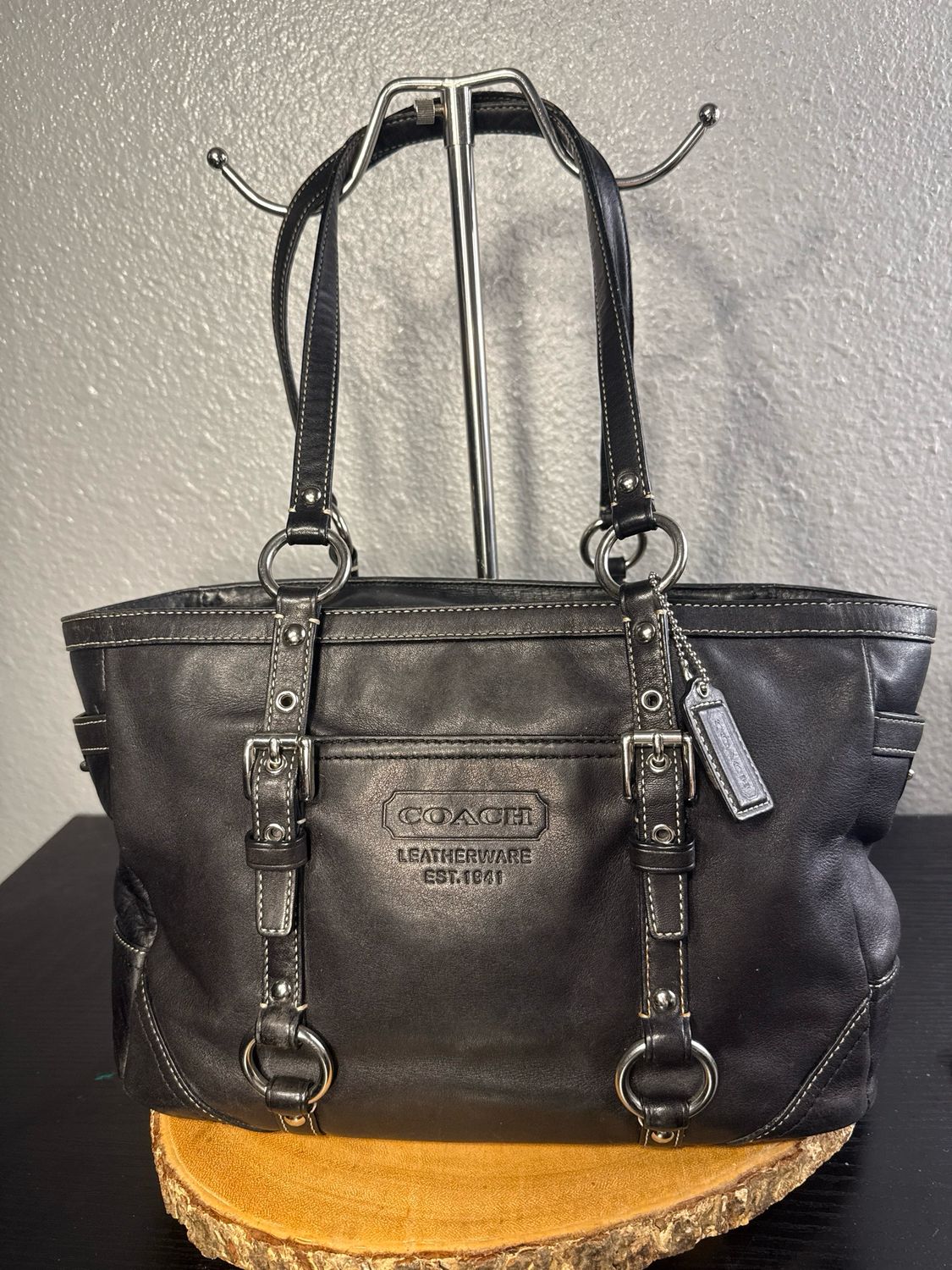 Coach Vintage Black Leather Twist Lock Tote
