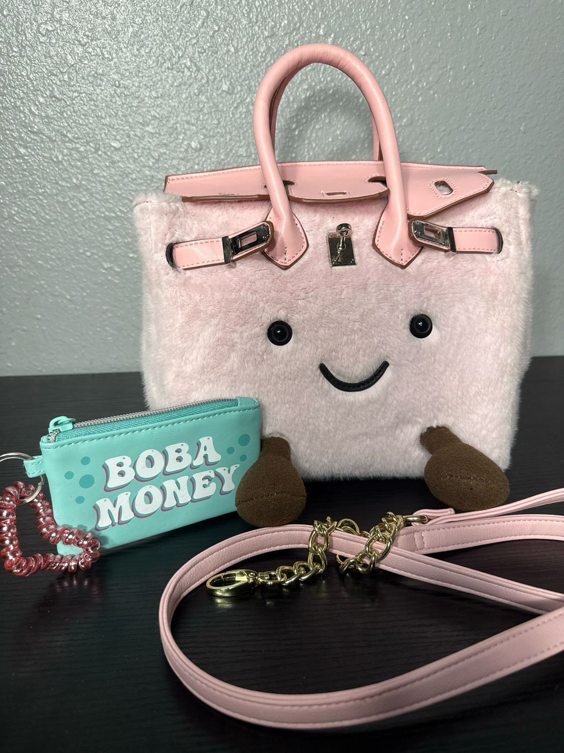 Jellykin Pink Plush Birkin Style Handbag Or Crossbody Bag Boba Money Keychain Card Holder Included NWOT