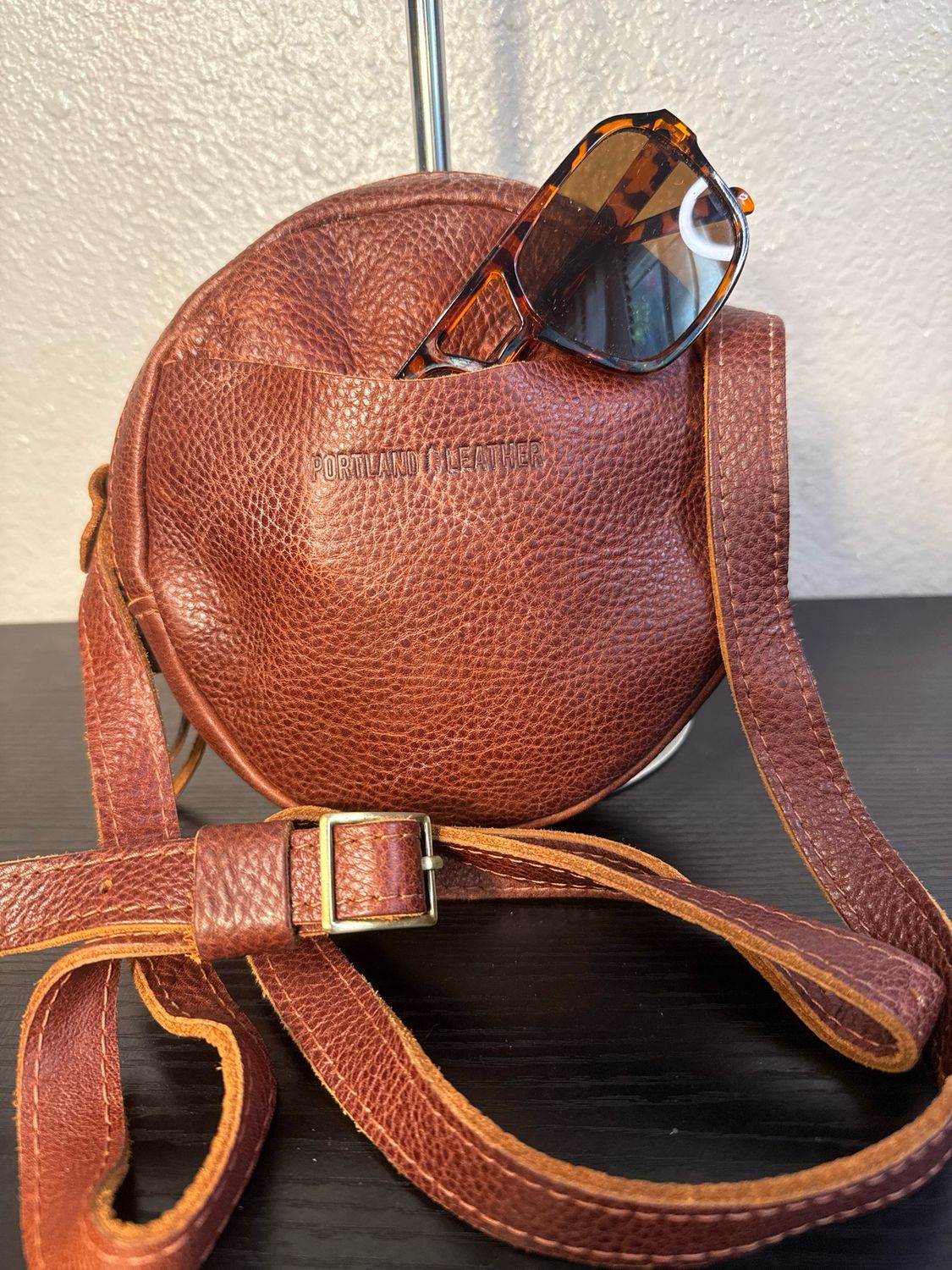 Portland Leather Pebbled Brown Round Crossbody Bag