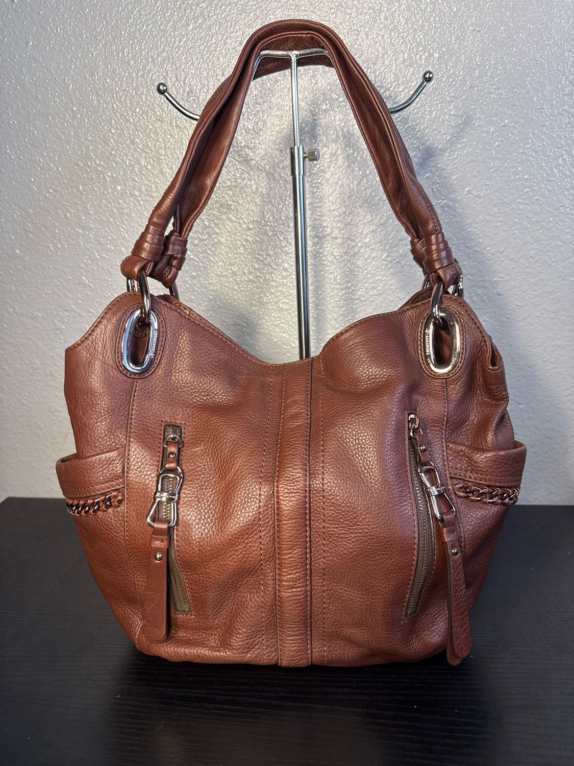 B Makowski Chocolate Brown Leather With Rose Gold Hardware, Shoulder Bag New Without Tags
