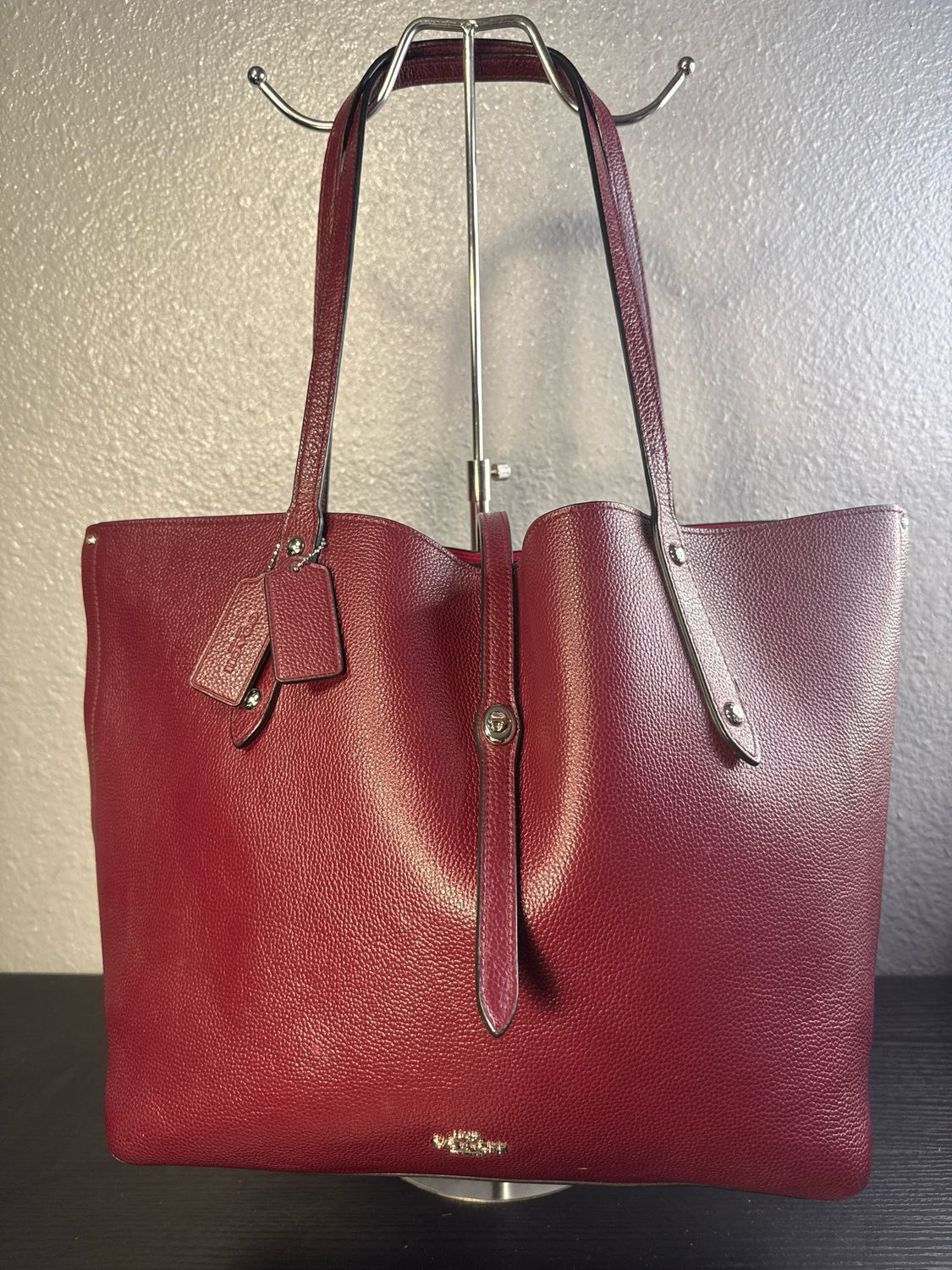 Coach Burgundy Pebbled Leather Tote With Silver Twist Lock Hardware