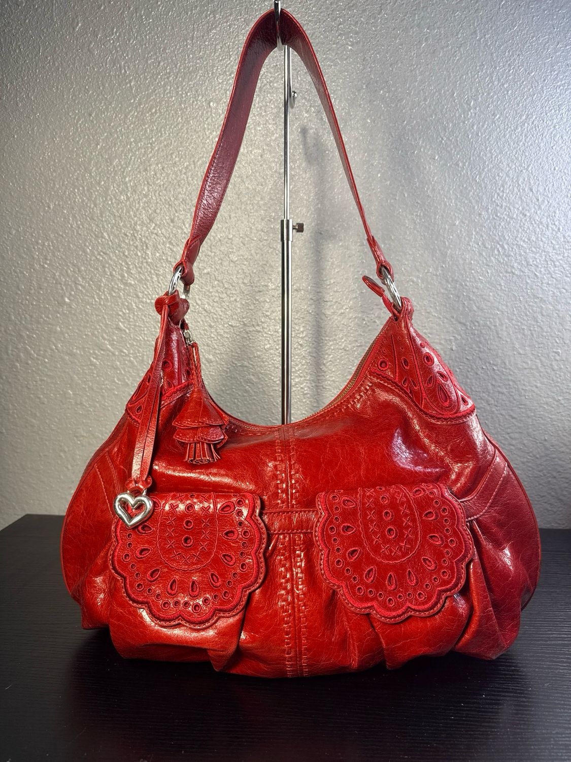 Brighton, Cherry Red Leather With Eyelet Trim, Hobo Bag New Without Tags
