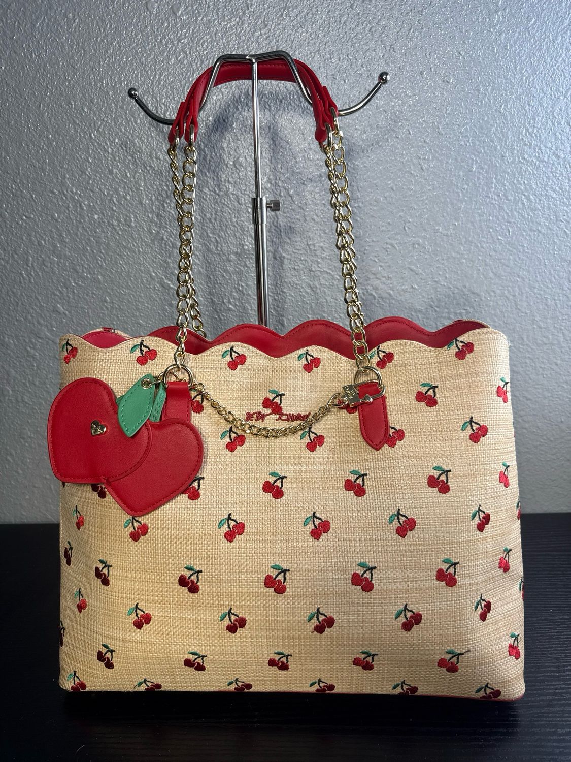 Betsy Johnson Vegan Leather, Embroidered Cherries, Scalloped Charm Tote New Without Tags