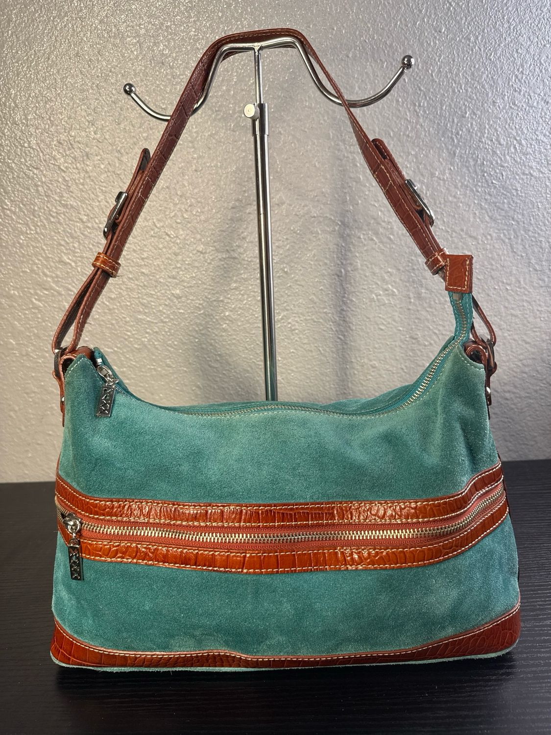 Maxx New York Vintage Y2K Teal Suede And Brown Croc Embossed Leather East West Shoulder Bag