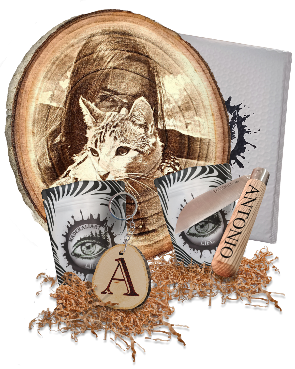 PACK DE PRODUCTOS PERSONALIZADOS: NAVAJA CON NOMBRE, LLAVERO CON INCIAL Y RODAJA DE ARBOL PERSONALIZADA CON IMAGEN