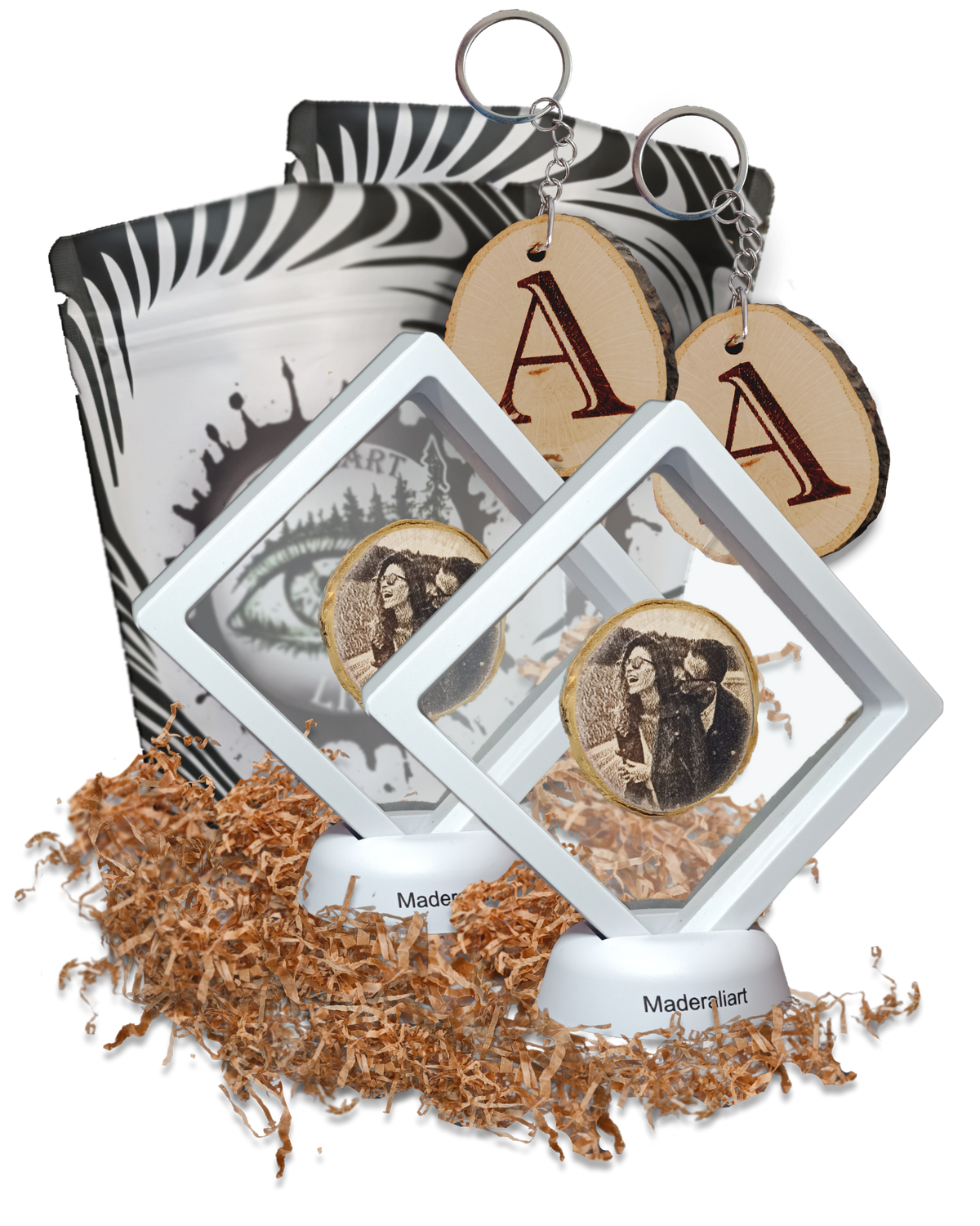 Set de decoración y accesorios personalizados: rodaja de árbol en marco banco decorativo con foto y llavero grabados