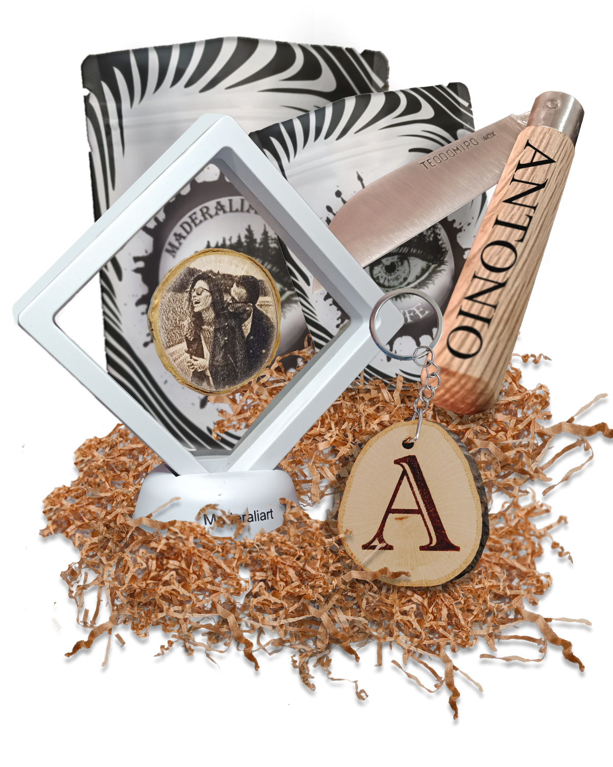 Kit de artículos personalizados: Navaja grabada, llavero con inicial y Marco decorativo de Rodaja de árbol con imagen grabada