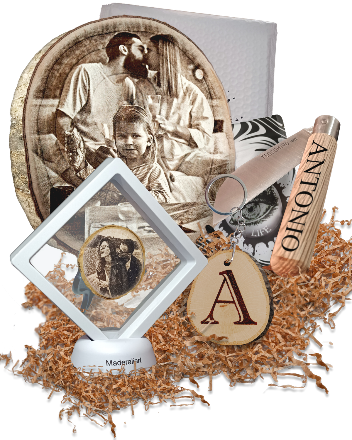 Set completo de regalos personalizados: navaja, llavero inicial y rodaja natural con diseño grabado fotos para decorar casa