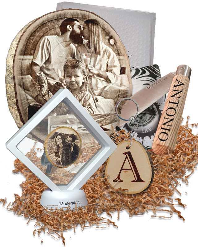 Set completo de regalos personalizados: navaja, llavero inicial y rodaja natural con diseño grabado fotos para decorar casa