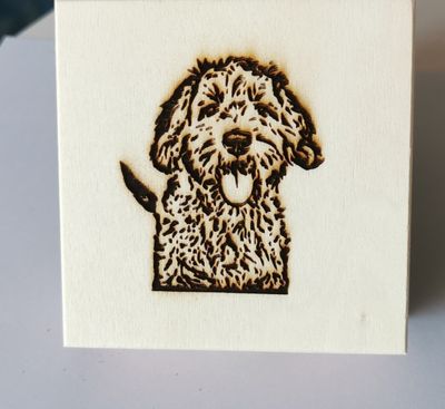 Geschenk Holzbox Graviert  gefüllt mit einem Schoggihund oder 4 gemischten Hunde Pralinen