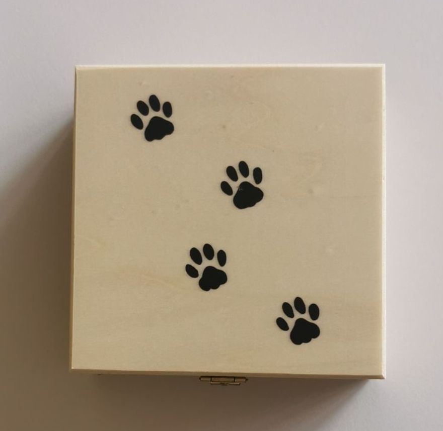 Geschenk Holzbox mit Pfötchenspur gefüllt mit einem Schoggihund oder 4 gemischten Hundepralinen