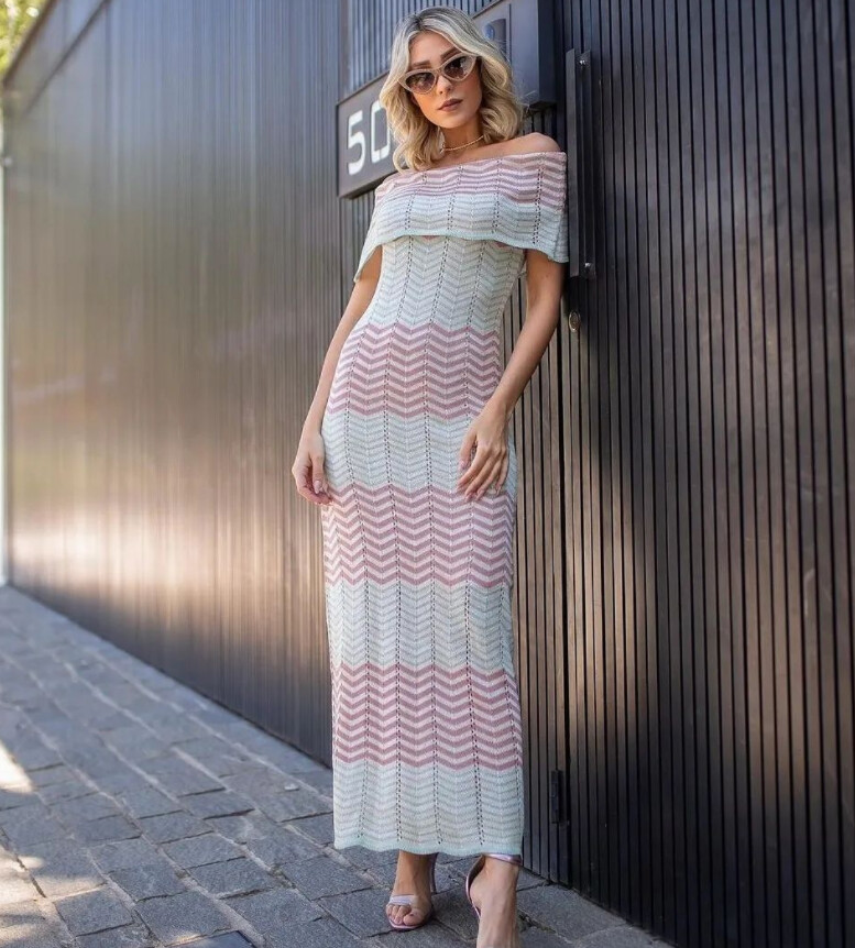 Long Shoulder to shoulder  Lurex Dress, Color: Pink/Blue