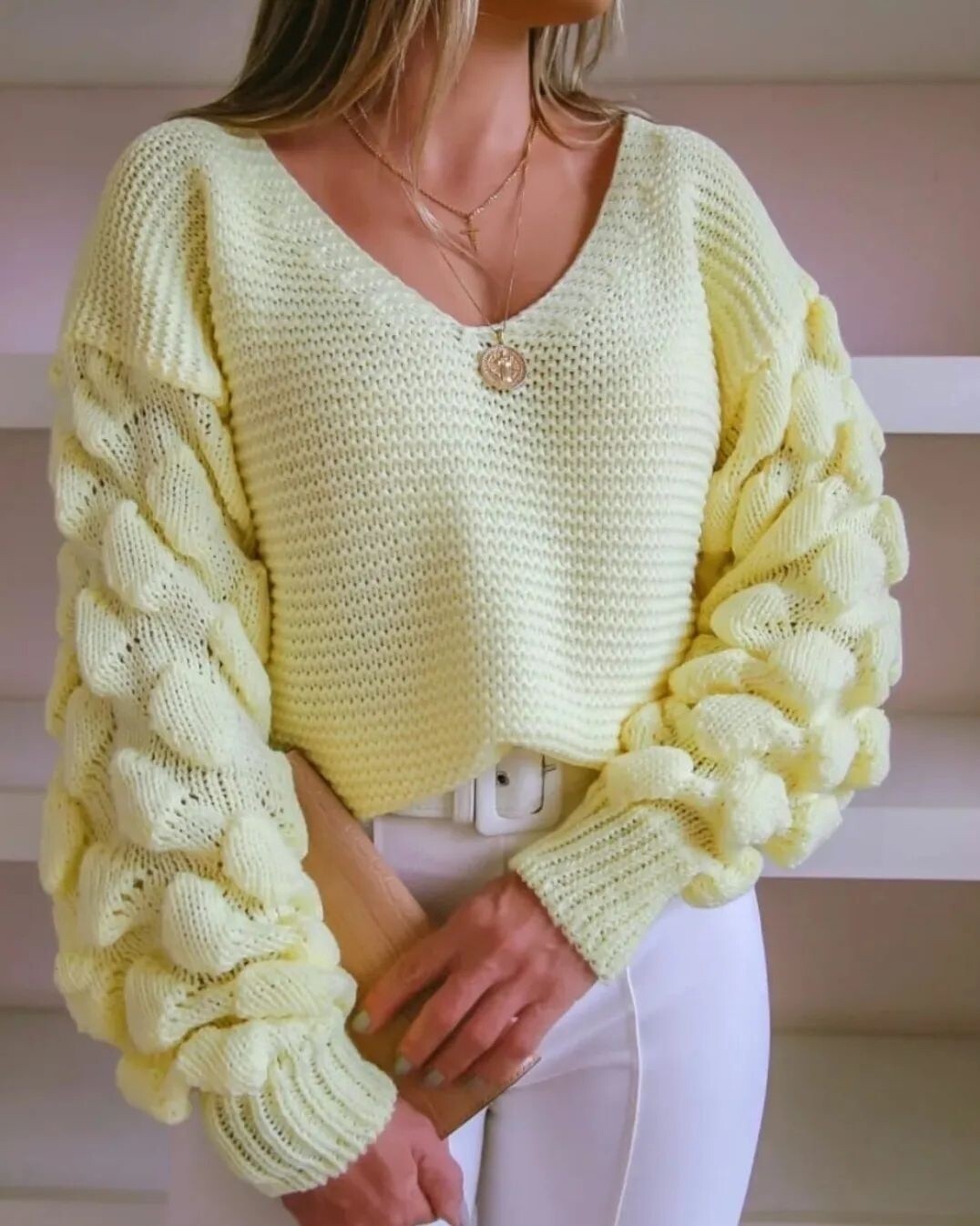 Bubble Sleeve Knit Sweater, Color: yellow