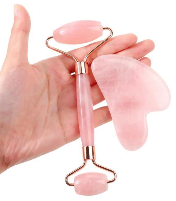 Rose Quartz Jade Face Roller and Gua Sha Set