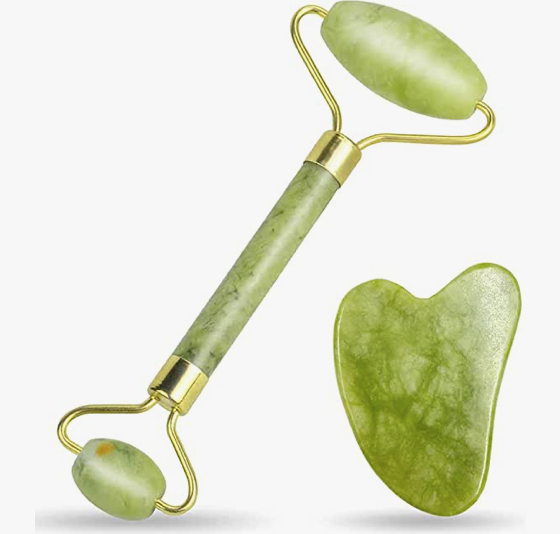 Green 100% Real Natural Stone Jade Face Roller and Gua Sha Set