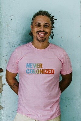 NEVER COLONIZED graphic t-shirt in sakura pink.