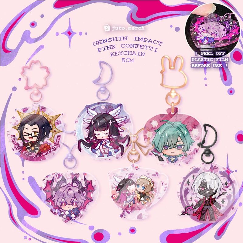 Genshin Pink Confetti Keychain : Enjou, Durin, Columbina, Sandbina, Rerir, Lohen