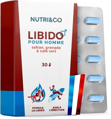 Libido Homme - Testosterone Booster - Saffron Pomegranate Green Coffee - 30 capsules - Energy, Endurance, Male Performance - Vegan - Made in France - Nutri&amp;Co