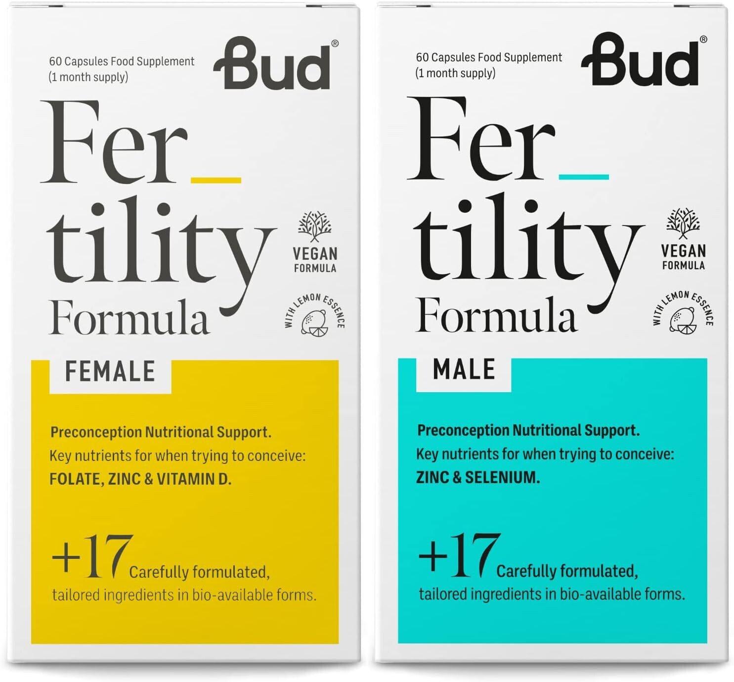 Bud Fertility Supplement for Women &amp; Men | Male &amp; Female Natural Fertility Vitamins for Couples Trying to Conceive | Key Vitamins, Minerals &amp; Adapotogens to Boost Fertility | 60 + 60 Capsules