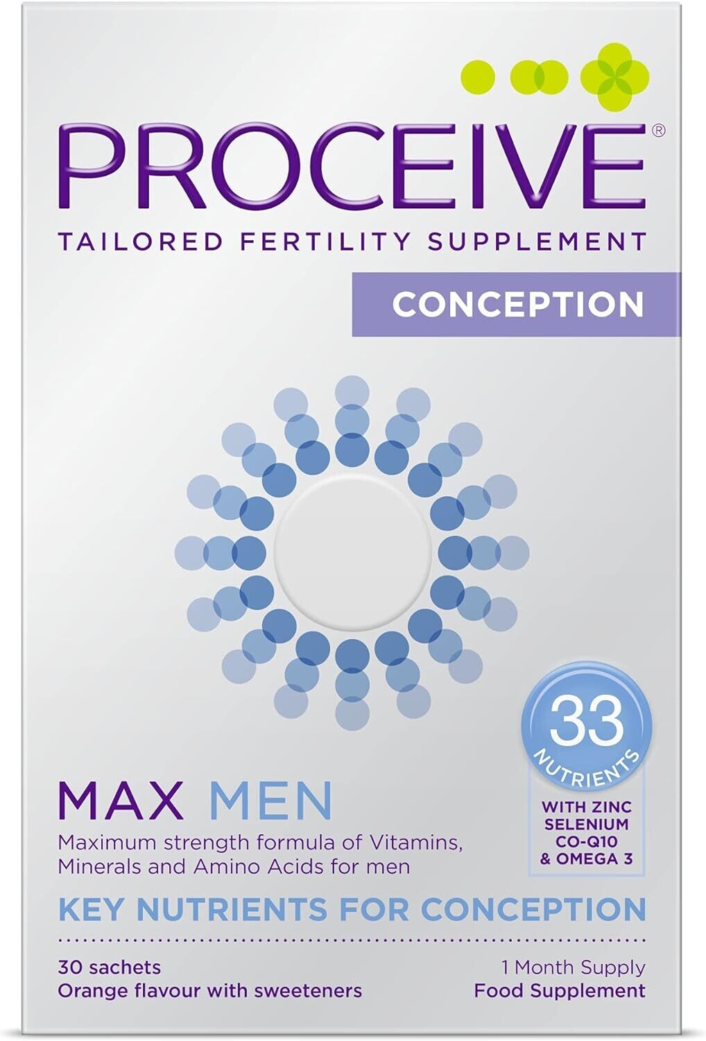 Proceive® Men MAX - Fertility Supplement for Conception - Vitamins &amp; Minerals for Men Trying to Conceive - Selenium, Zinc, Co Q10, Vitamin D - 30 Sachets (1 Month Supply) - Vegetarian